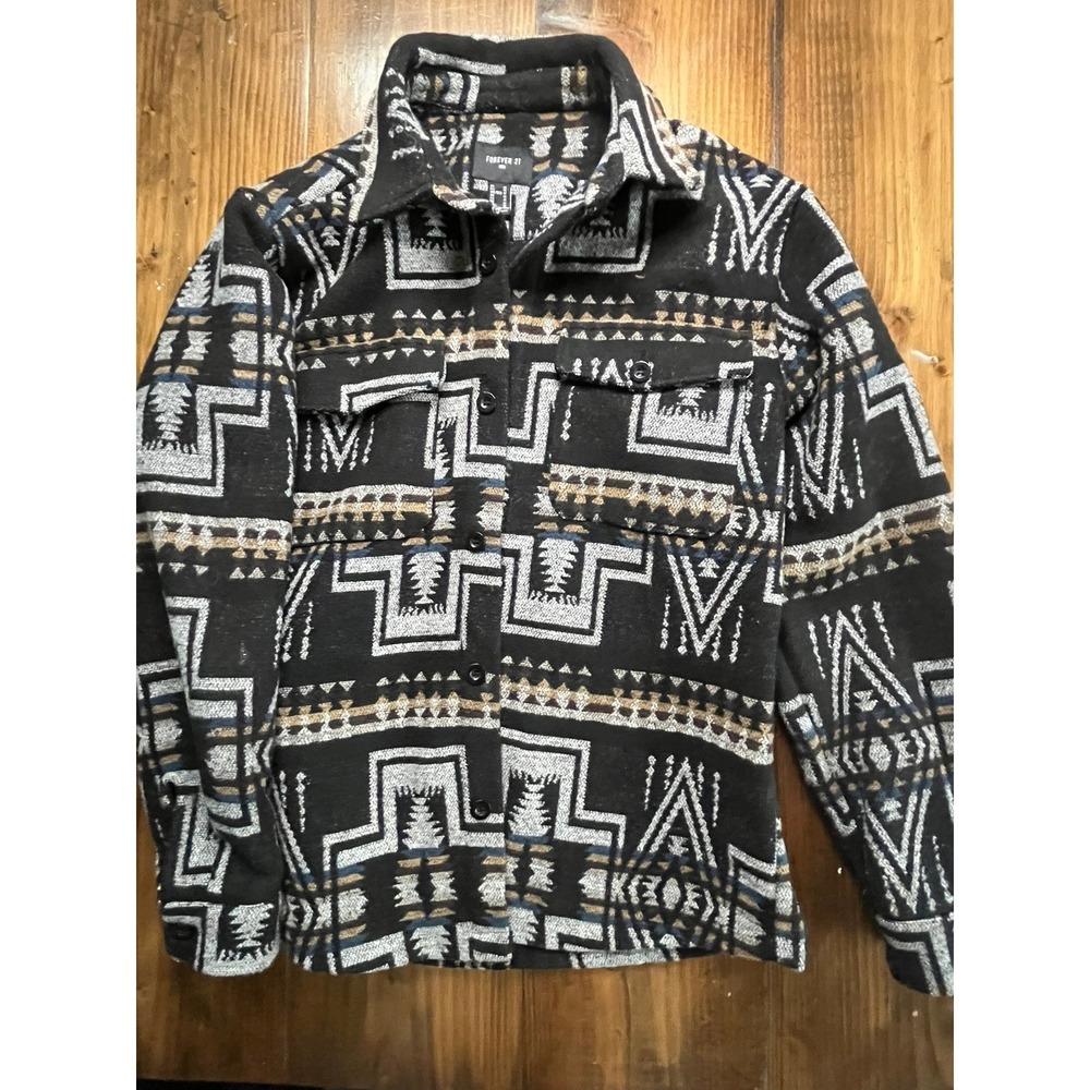 Forever 21 Men Southwestern Geometric‎ Blanket Shirt Jacket Black Medium
